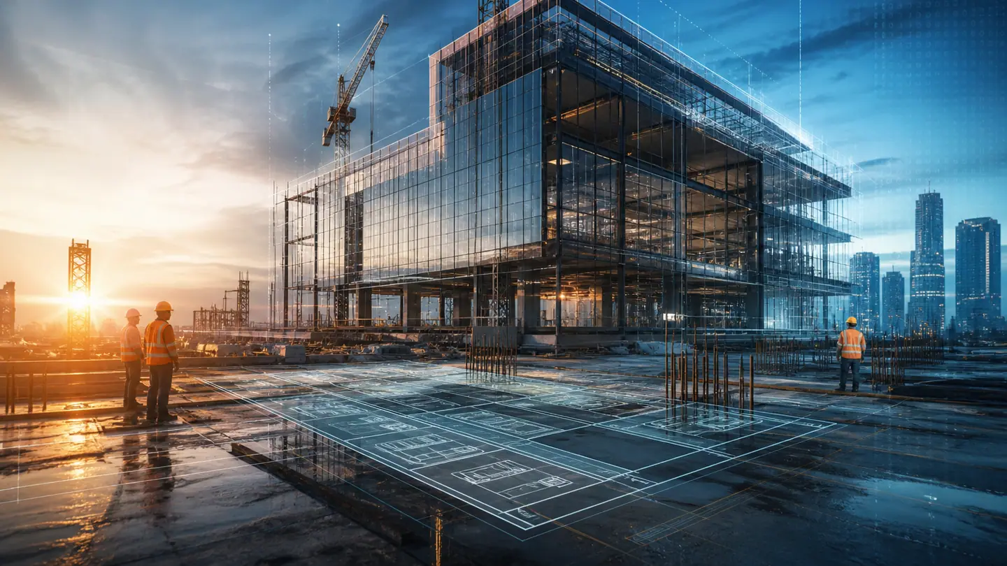 A modern construction project overlaid with coordinated digital plans.