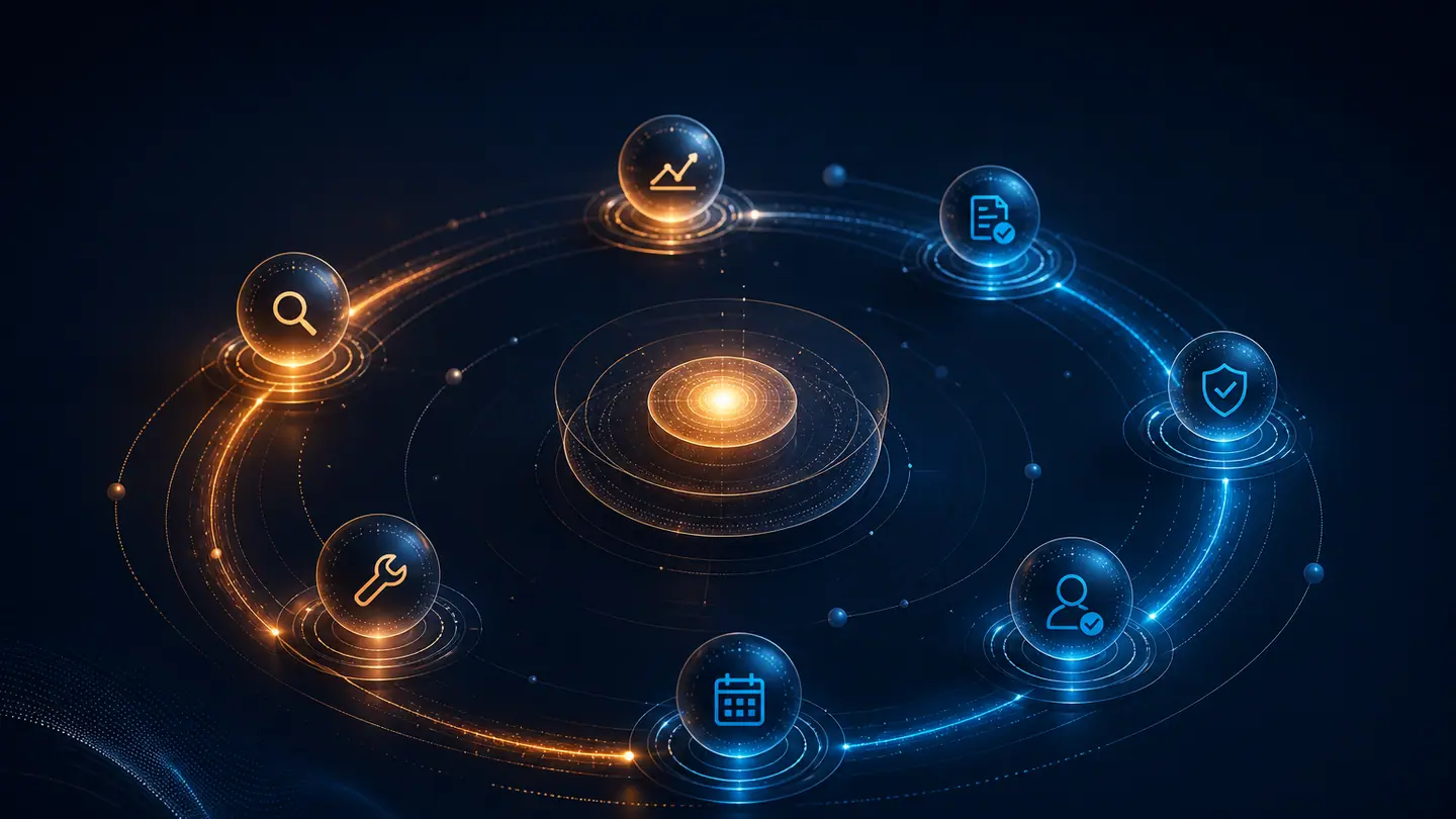 AI tools, approvals, schedules, and safeguards coordinated around one mission.