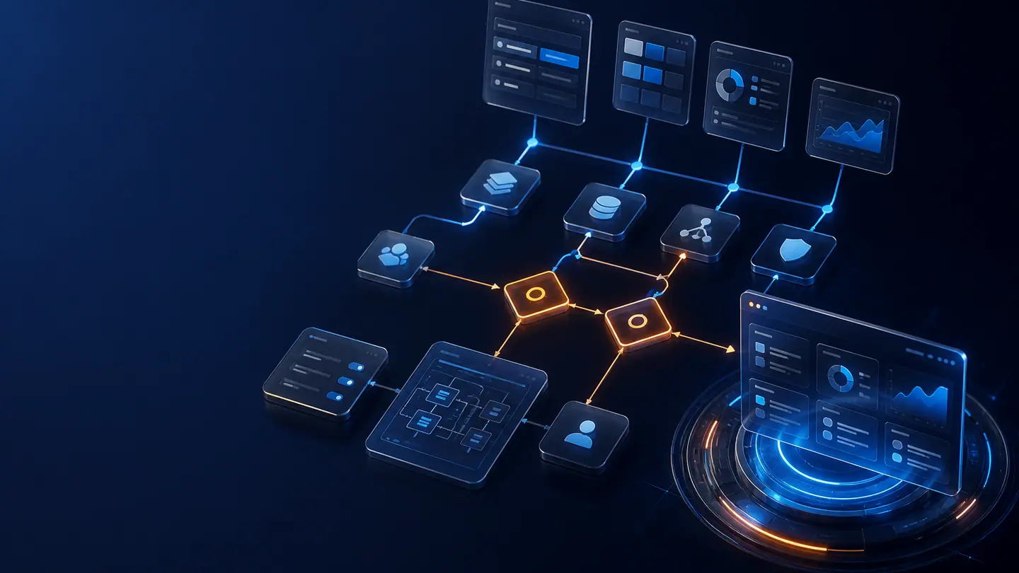 Application pages, data, decisions, and permissions connected as a workflow.