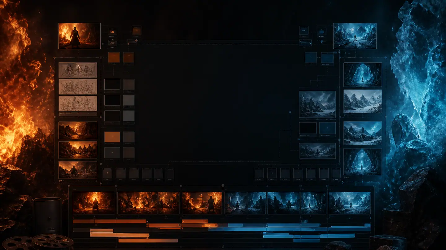 Storyboards, shots, references, and video clips arranged on a production canvas.