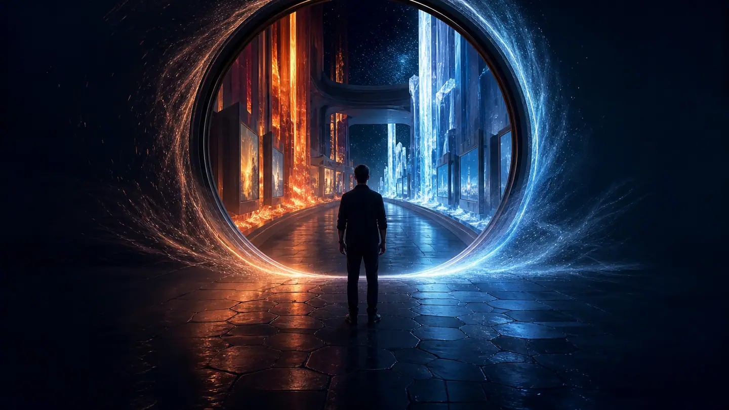 A person approaches a portal into a fire-and-ice interactive world.