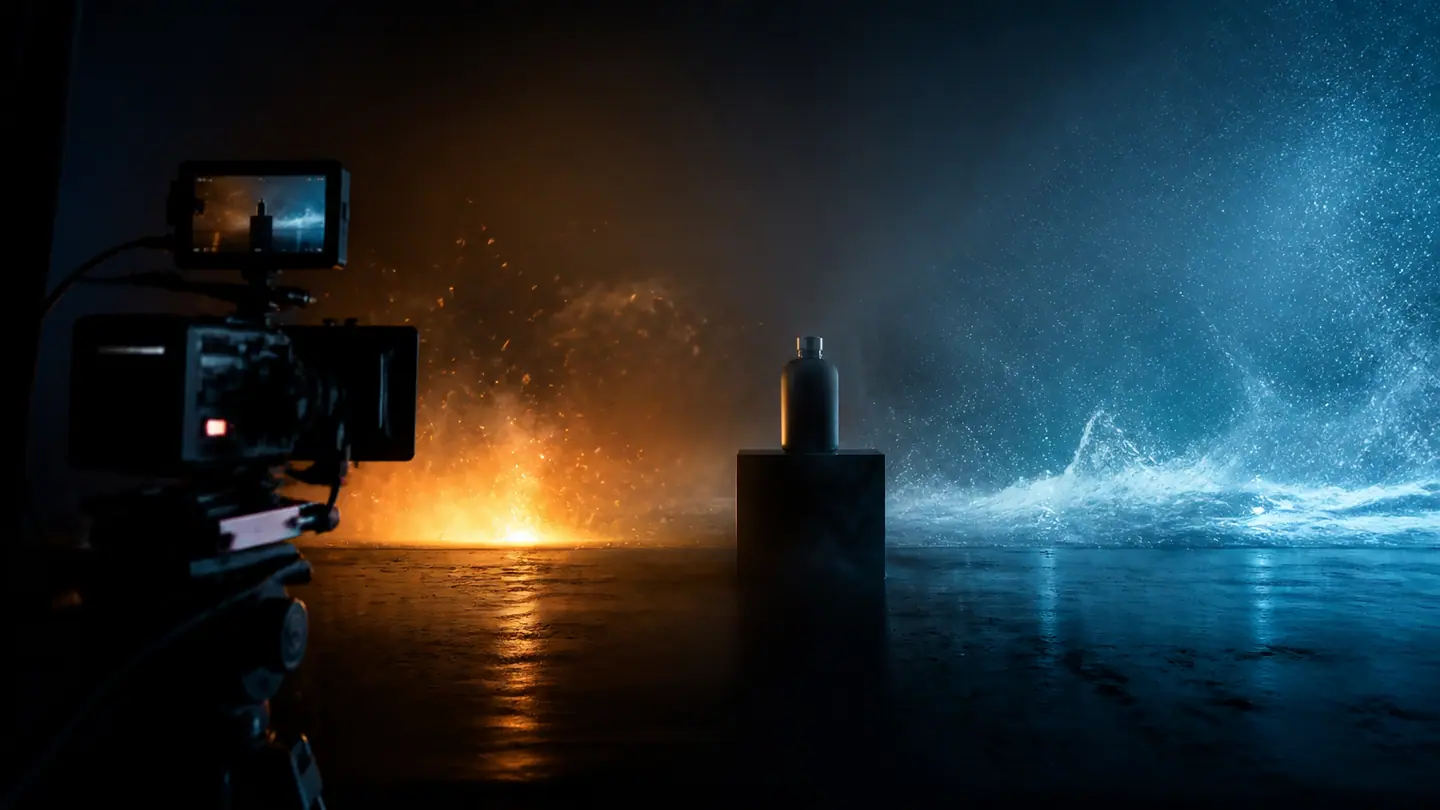 A camera films a product between warm firelight and cool ice light.